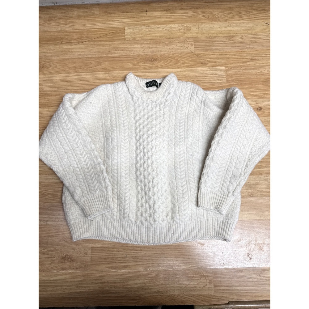 Orvis Wool Sweater Mens Small Ivory Cable Knit Crewneck Ireland Fishermans Vtg‎
